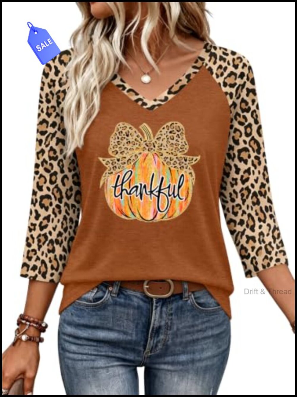 Thankful Grateful Blessed Pumpkin Graphic V-Neck 3/4 Sleeve Tee